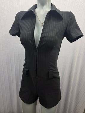 Vintage Y2k 2b Clothing Romper Small Black Pinstripe Zip Up Shorts Jumpsuit